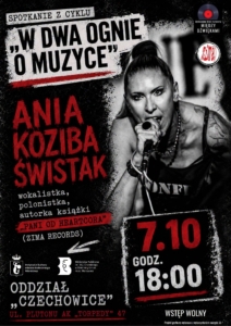 Grafika utrzymana w czarno - czerwonej tonacji barwnej, na której znajduje się zdjęcie kobiety trzymającej w dłoni mikrofon.