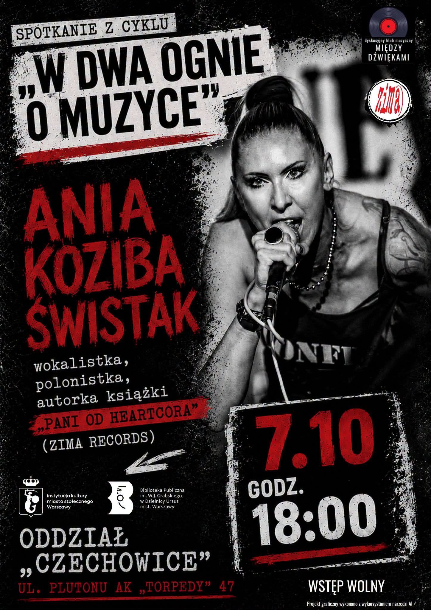 Grafika utrzymana w czarno - czerwonej tonacji barwnej, na której znajduje się zdjęcie kobiety trzymającej w dłoni mikrofon.