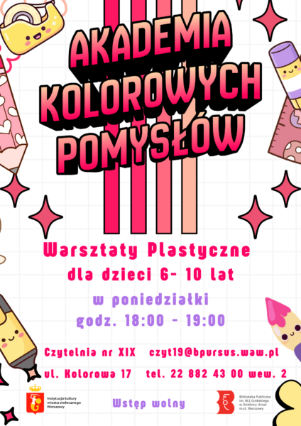 Plakat z tęczowymi napisami w tonacji różowo - czerwonej, na którym znajdują się niewielkie elementy graficzne przedstawiające podajnik do taśmy klejącej, klej i pędzel.