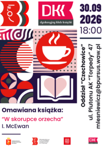 Grafika, na której widnieją kontrastowe obrazki otwartej książki oraz kubeczka z kawą i drobnych elementów graficznych.