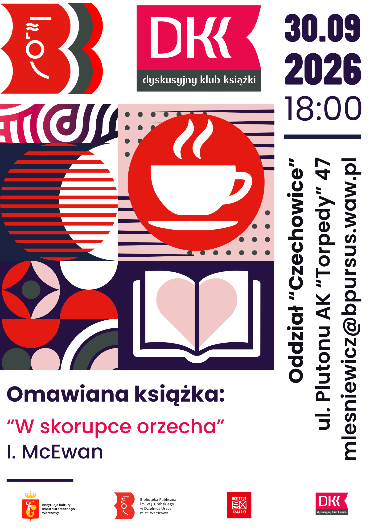 Grafika, na której widnieją kontrastowe obrazki otwartej książki oraz kubeczka z kawą i drobnych elementów graficznych.