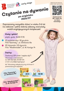 Dziewczynka trzymająca książki nad głową oraz kolorowa grafika z okładkami książek dla dzieci.