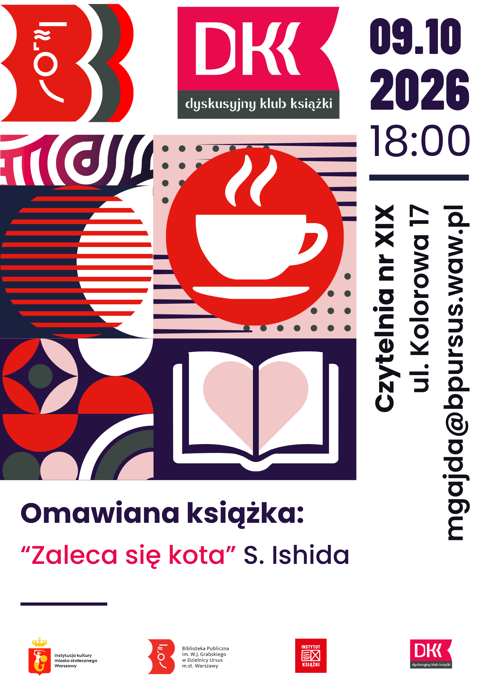 Plakat z kontrastowymi elementami graficznymi, w kolorach czarnym, granatowym, różowym i białym. Z prawej strony widnieją piktogramy filiżanki i otwartej książki.