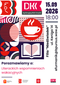 Grafika, na której widnieją kontrastowe obrazki otwartej książki oraz kubeczka z kawą i drobnych elementów graficznych.