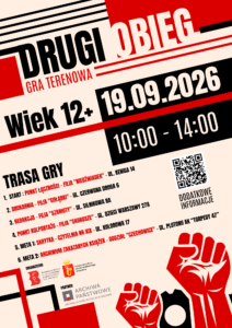 Grafika utrzymana w kolorystyce czarno - czerwonej z obrazkiem na którym widnieją zaciśnięte pięści.