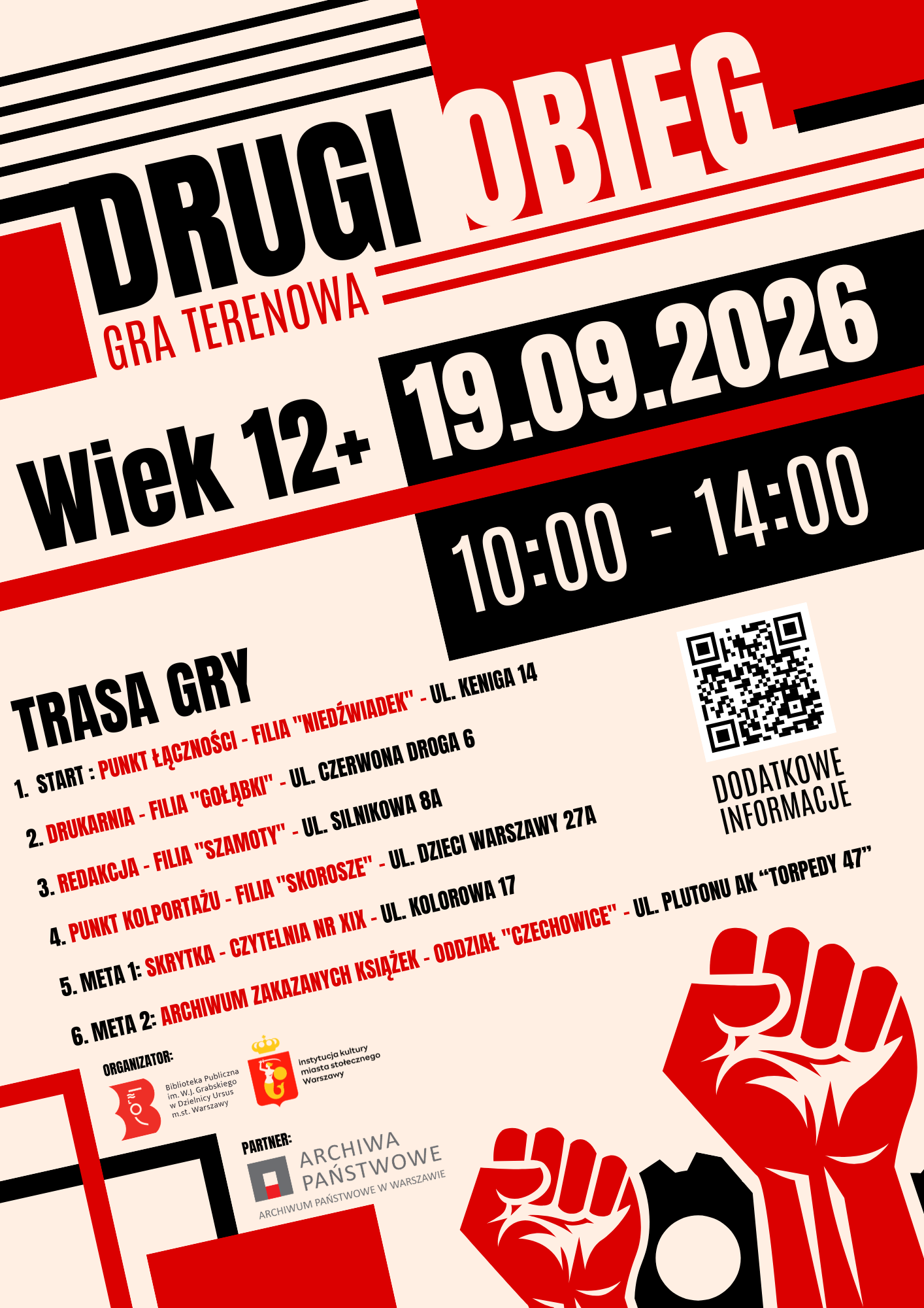 Grafika utrzymana w kolorystyce czarno - czerwonej z obrazkiem na którym widnieją zaciśnięte pięści.