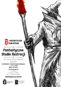 Plakat z narysowaną postacią maga, trzymającego zapaloną pochodnię.