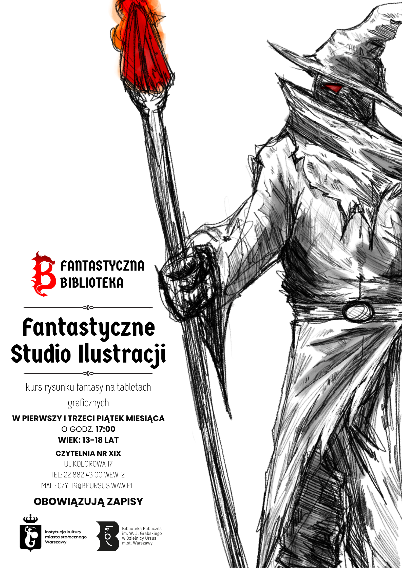 Plakat z narysowaną postacią maga, trzymającego zapaloną pochodnię.