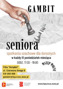 Plakat z grafiką która przedstawia rękę z pionem szachowym oraz drugim pionem na tle kawałka papieru w kratkę.