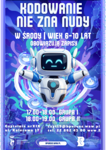 Futurystyczny plakat z obrazkiem przedstawiającym robota.