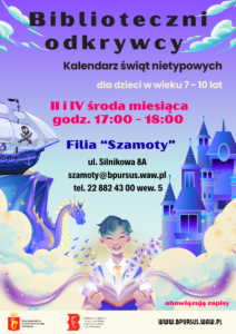 Plakat na którym przedstawione są ilustracje: chłopca, trzymającego otwartą książkę, smoka, statku piratów, zamku.