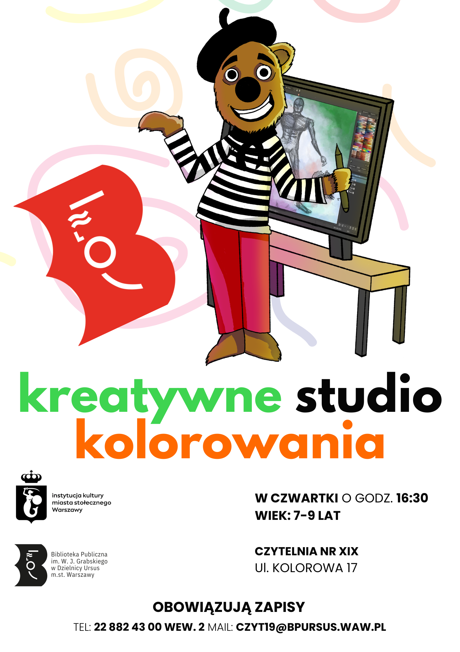 Plakat z zabawnym, rysunkowym misiem, który w łapce ma ołówek. Miś znajduje się na tle tableta graficznego.