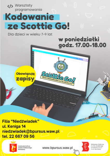 Plakat ze zdjęciem ręki, opartej o klawiaturę laptopa. Na ekranie wyświetla się głowa robota.