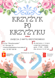 Plakat z ilustracją przypominającą haft krzyżykowy. Ilustracja przedstawia kwiaty oraz łabędzie.