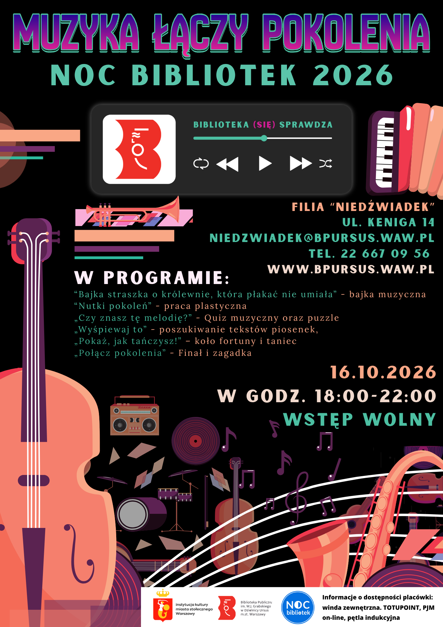 NOC BIBLIOTEK Plakat z kolorowymi grafikami, instrumentami muzycznymi, notkami oraz logiem biblioteki i napisem "muzyka łączy pokolenia noc bibliotek 2026".