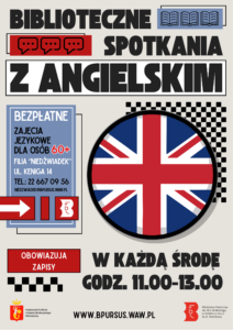 Plakat z elementami nawiązującymi kolorystycznie do flagi brytyjskiej. Pośrodku znajduje się okrągły element wypełniony wzorem flagi.