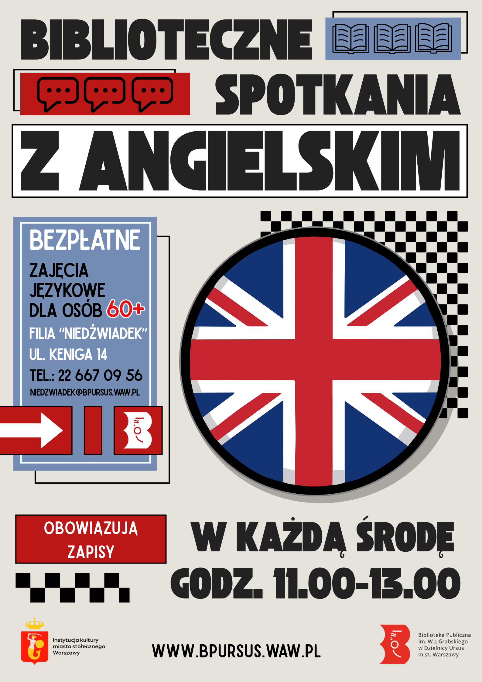 Niedźwiadek – angielski Plakat z elementami nawiązującymi kolorystycznie do flagi brytyjskiej. Pośrodku znajduje się okrągły element wypełniony wzorem flagi.