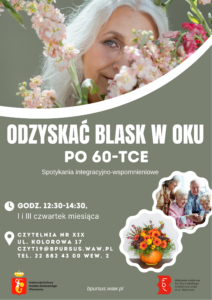 Plakat z uśmiechniętą starszą kobietą wśród kolorowych kwiatów oraz zdjęciami pomarańczowych kwiatów i ludzi.