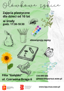 Plakat z obrazkami, przedstawiającymi rośliny, zwierzęta i przybory plastyczne na pastelowo zielonym tle.
