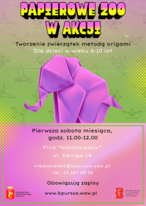 Plakat z fioletowym rysunkiem słonia, wykonanego w technice origami.