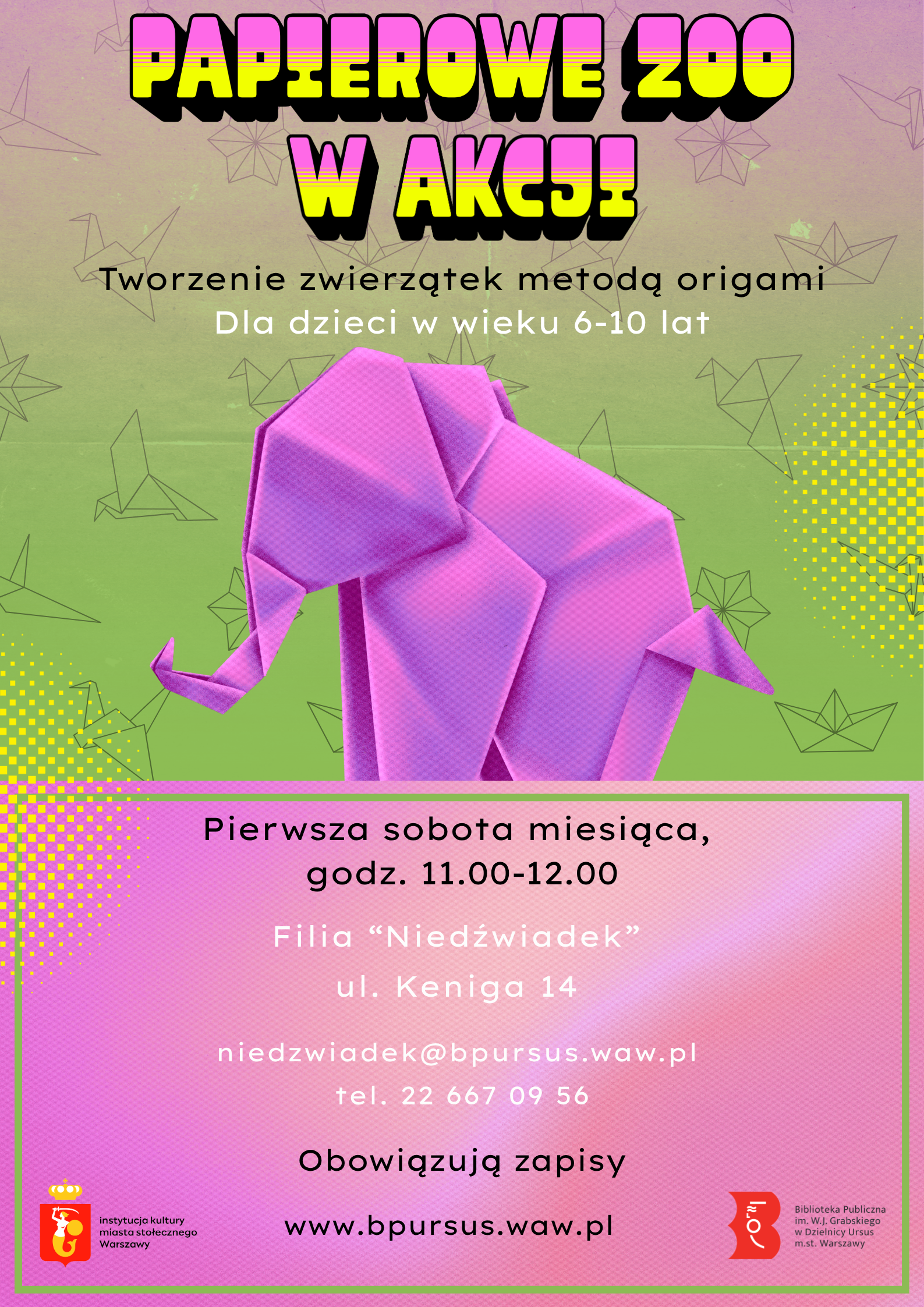 Papierowe zoo w akcji Plakat z fioletowym rysunkiem słonia, wykonanego w technice origami.