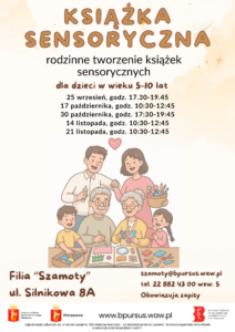 Plakat przedstawiający rysunek rodziny, wspólnie wykonującej prace plastyczne.