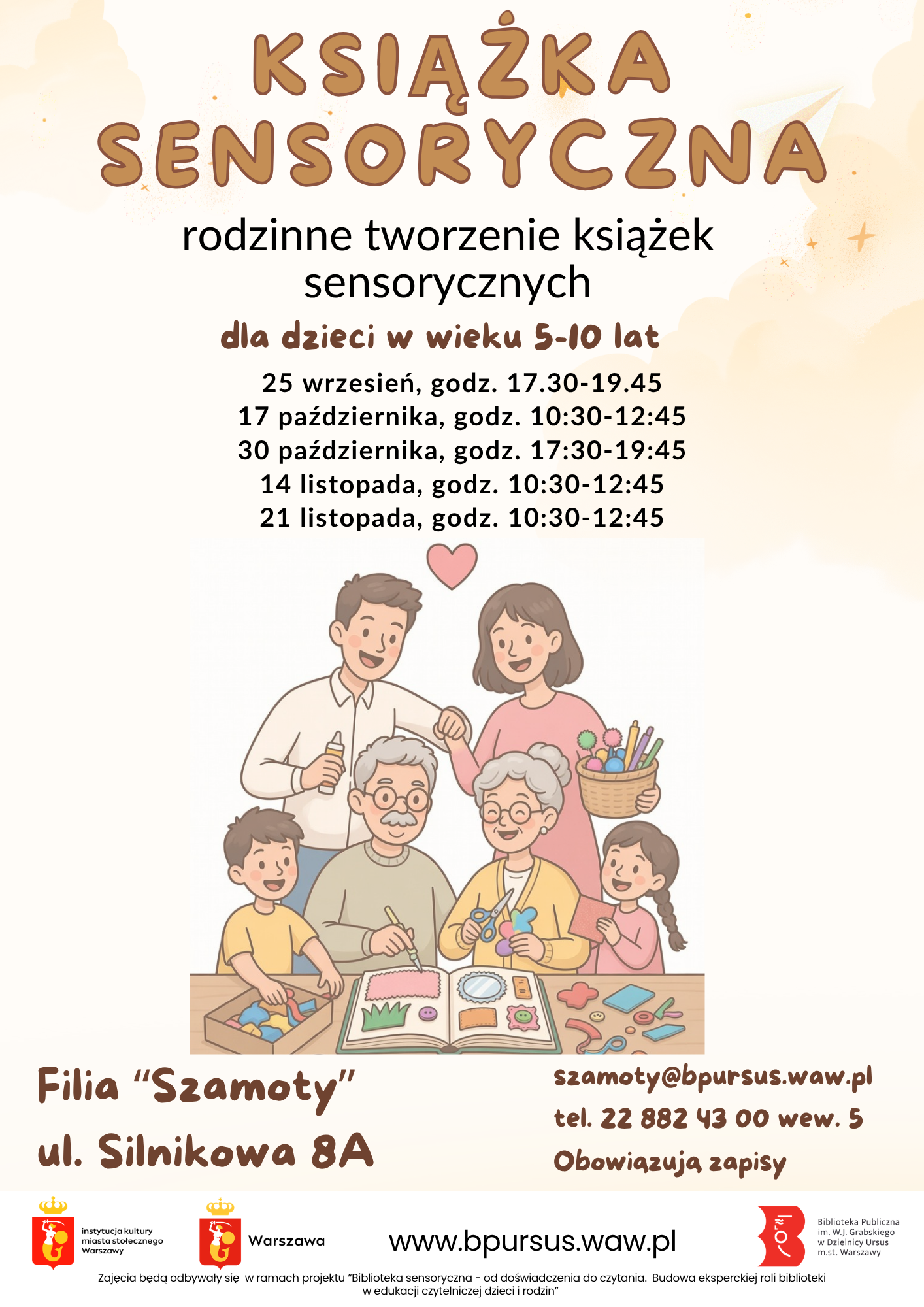 Plakat przedstawiający rysunek rodziny, wspólnie wykonującej prace plastyczne.
