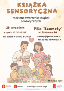 Plakat przedstawiający rysunek rodziny, wspólnie wykonującej prace plastyczne.