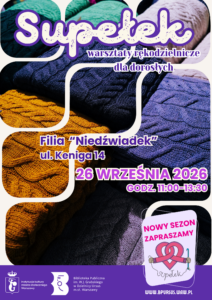 Plakat przedstawiający wyroby z dzianiny w niebiesko - fioletowej tonacji.