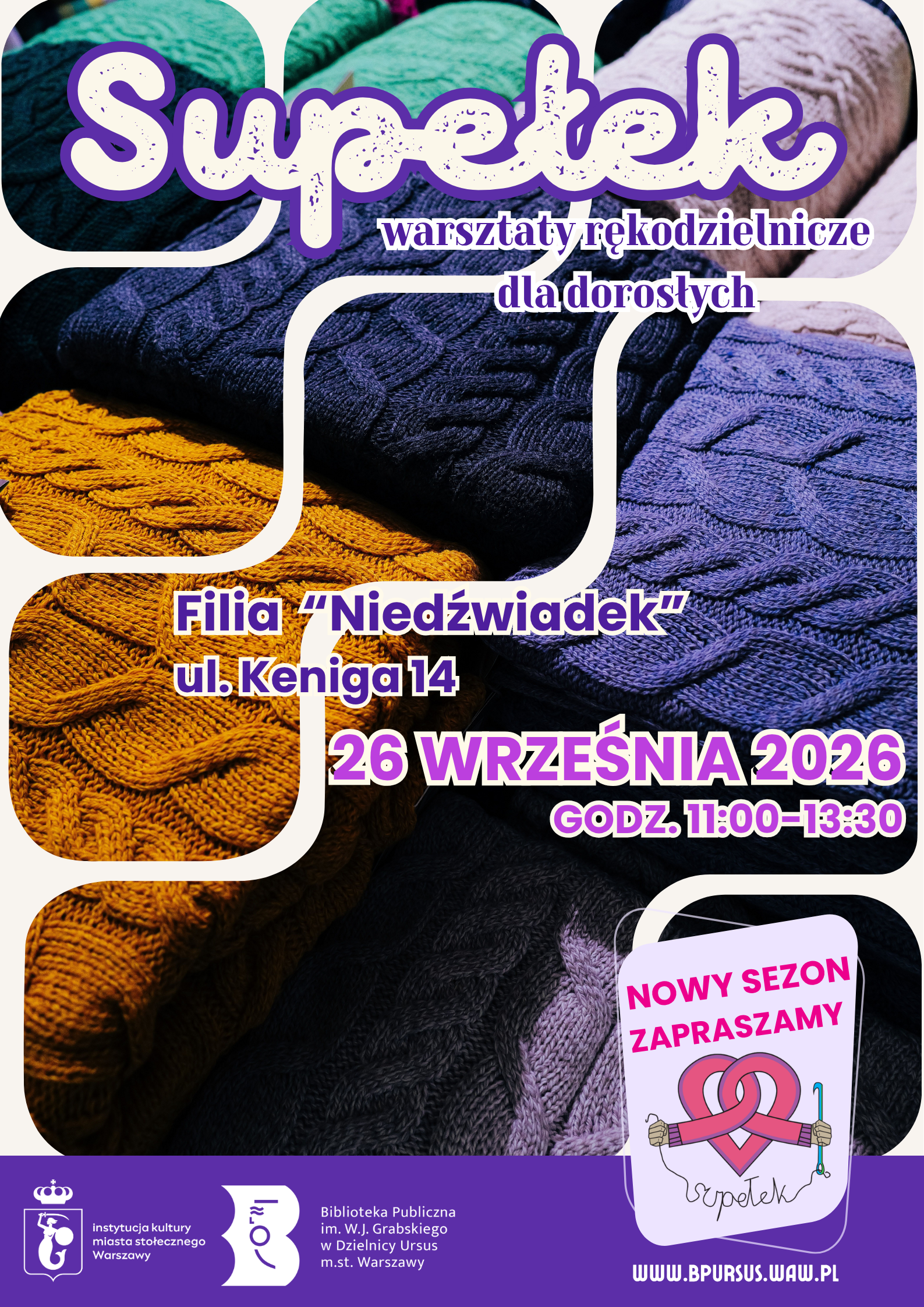 Plakat przedstawiający wyroby z dzianiny w niebiesko - fioletowej tonacji.
