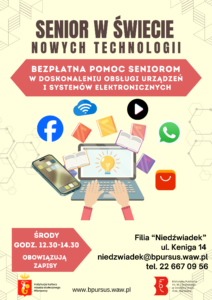 Plakat z rysunkami rąk opartych na klawiaturze laptopa oraz symbolami książek, social mediów i telefonu komórkowego.