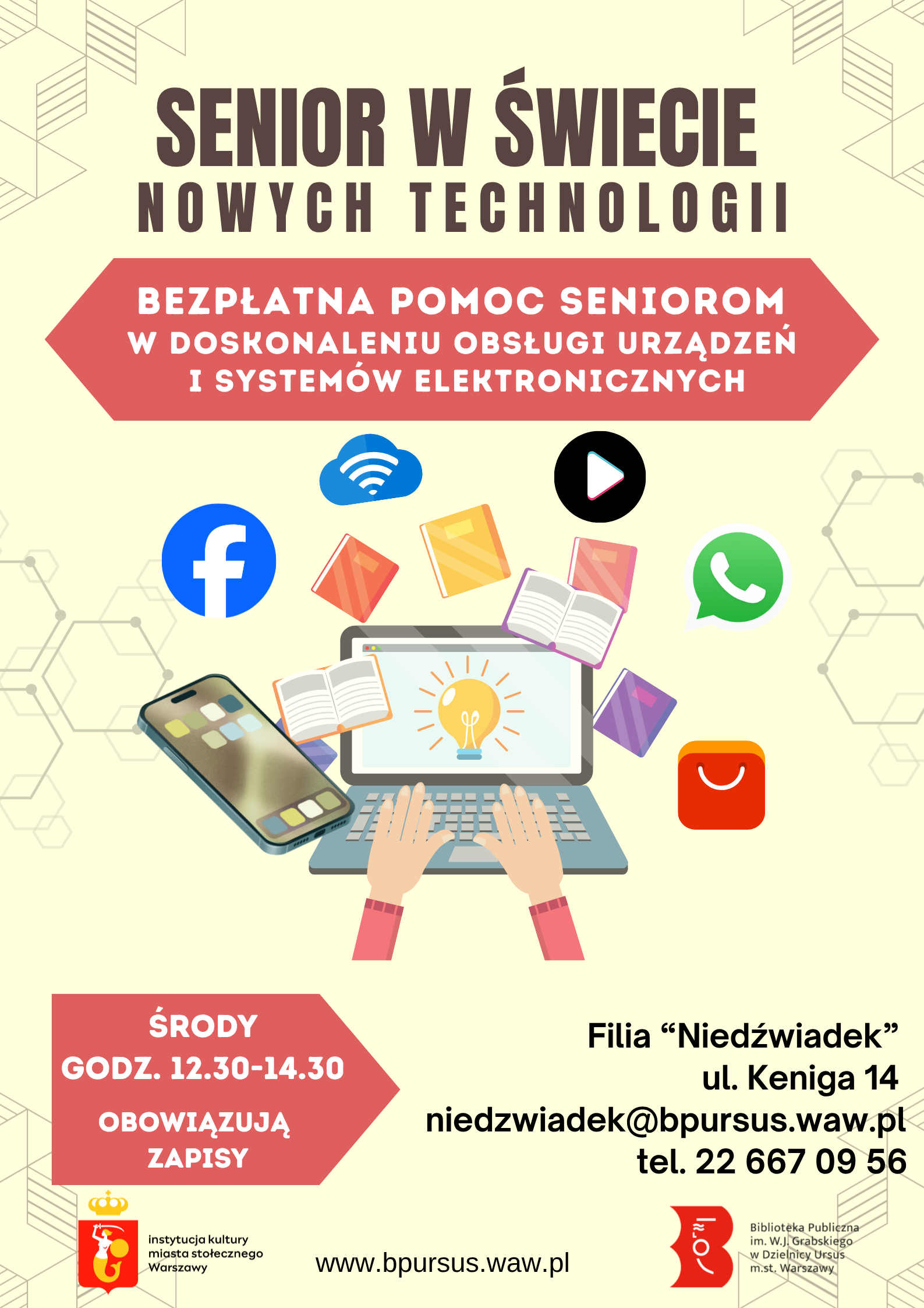 Plakat z rysunkami rąk opartych na klawiaturze laptopa oraz symbolami książek, social mediów i telefonu komórkowego.