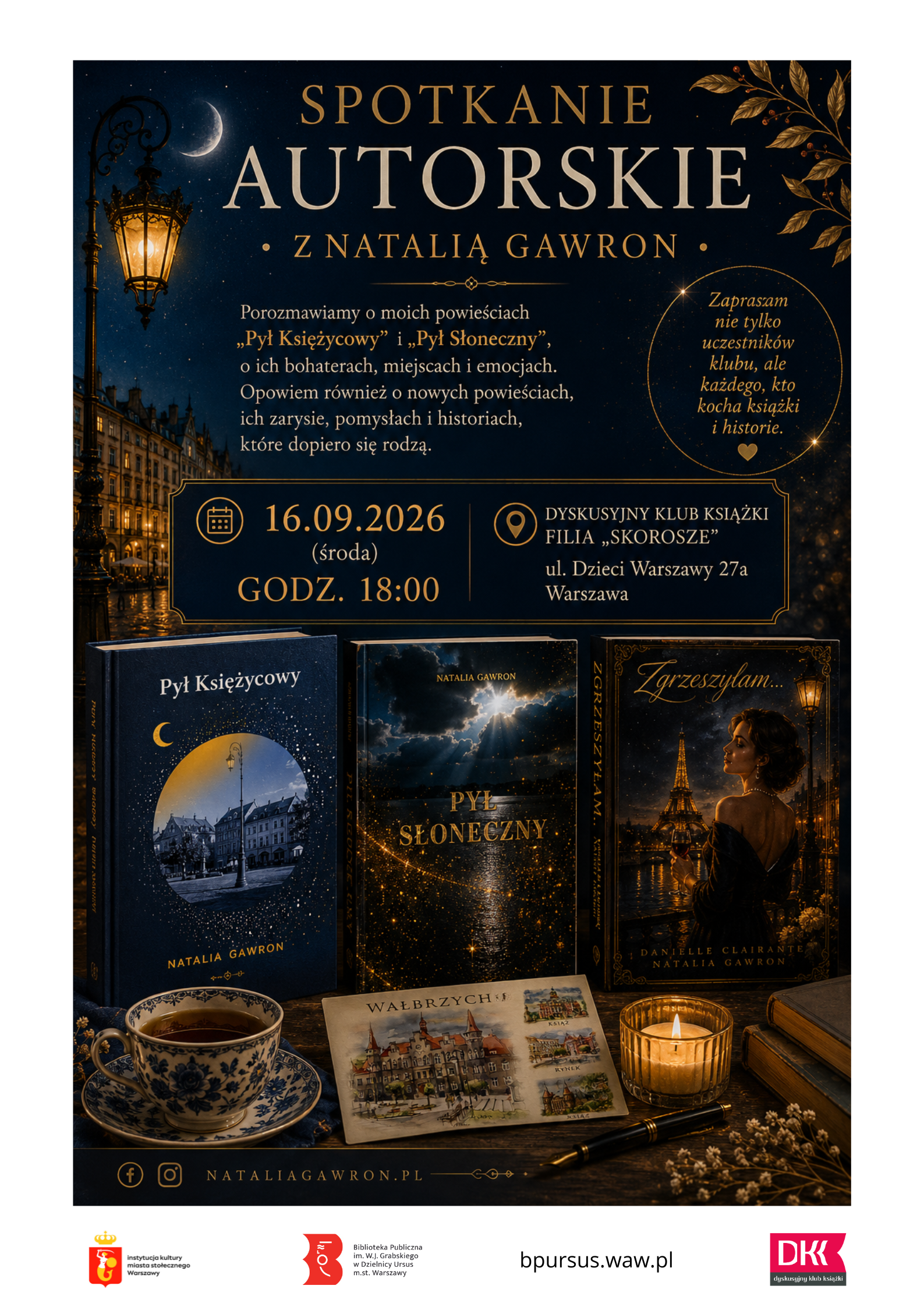 Plakat w ciemnych kolorach z białą obwódką, przedstawiający książki, filiżankę i świeczkę a także kartkę pocztową z napisem Wałbrzych.