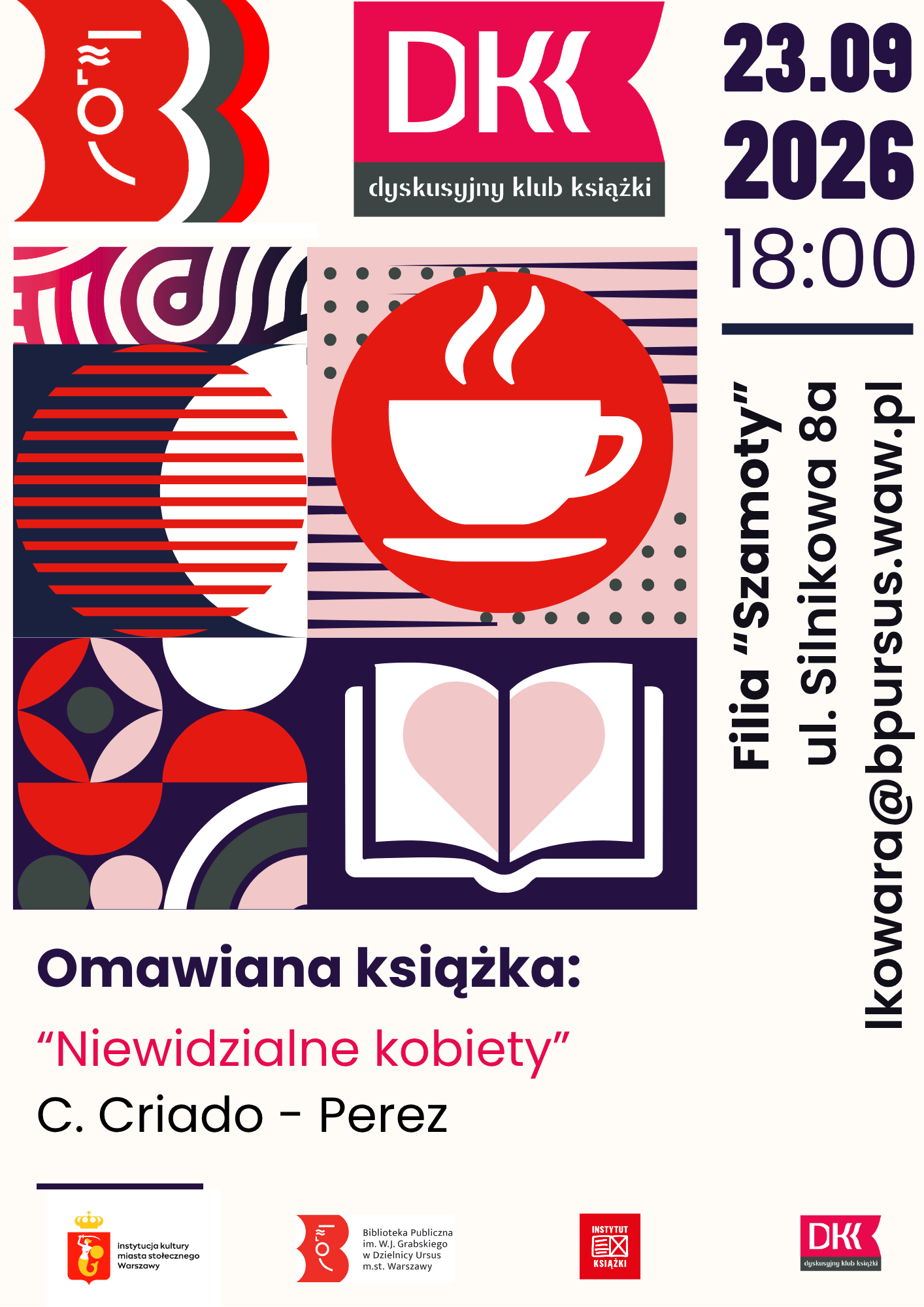 Grafika, na której widnieją kontrastowe obrazki otwartej książki oraz kubeczka z kawą i drobnych elementów graficznych.