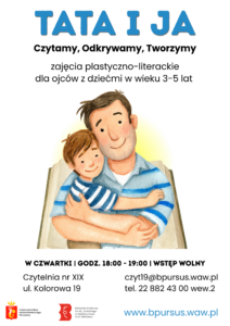 Plakat na którym widnieje obrazek mężczyzny, który przytula chłopca.