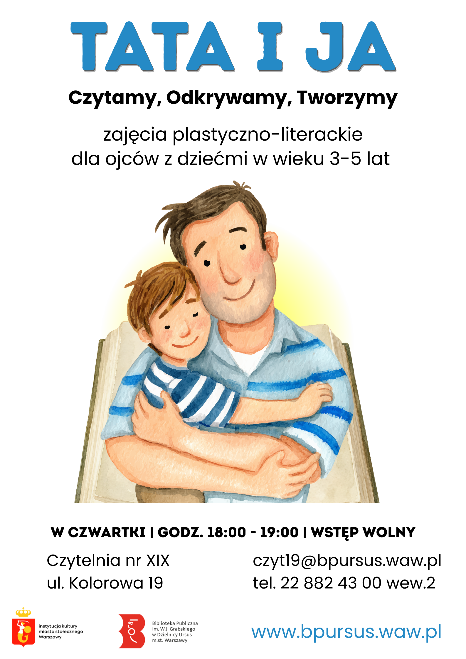 Plakat na którym widnieje obrazek mężczyzny, który przytula chłopca.