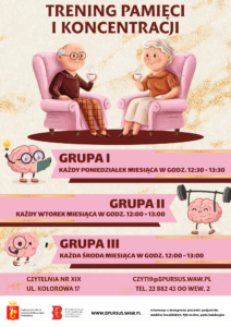 Plakat zawiera ilustrację seniorów siedzących na fotelach z kubkami gorącego napoju