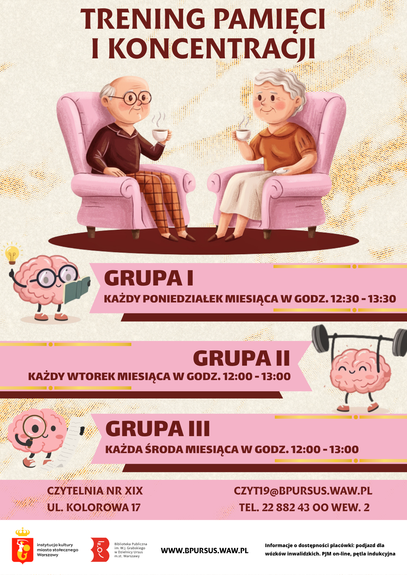 Plakat zawiera ilustrację seniorów siedzących na fotelach z kubkami gorącego napoju