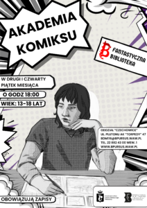 Grafika ilustruje dziewczynkę rysującą, związana z Akademią Komiksu.