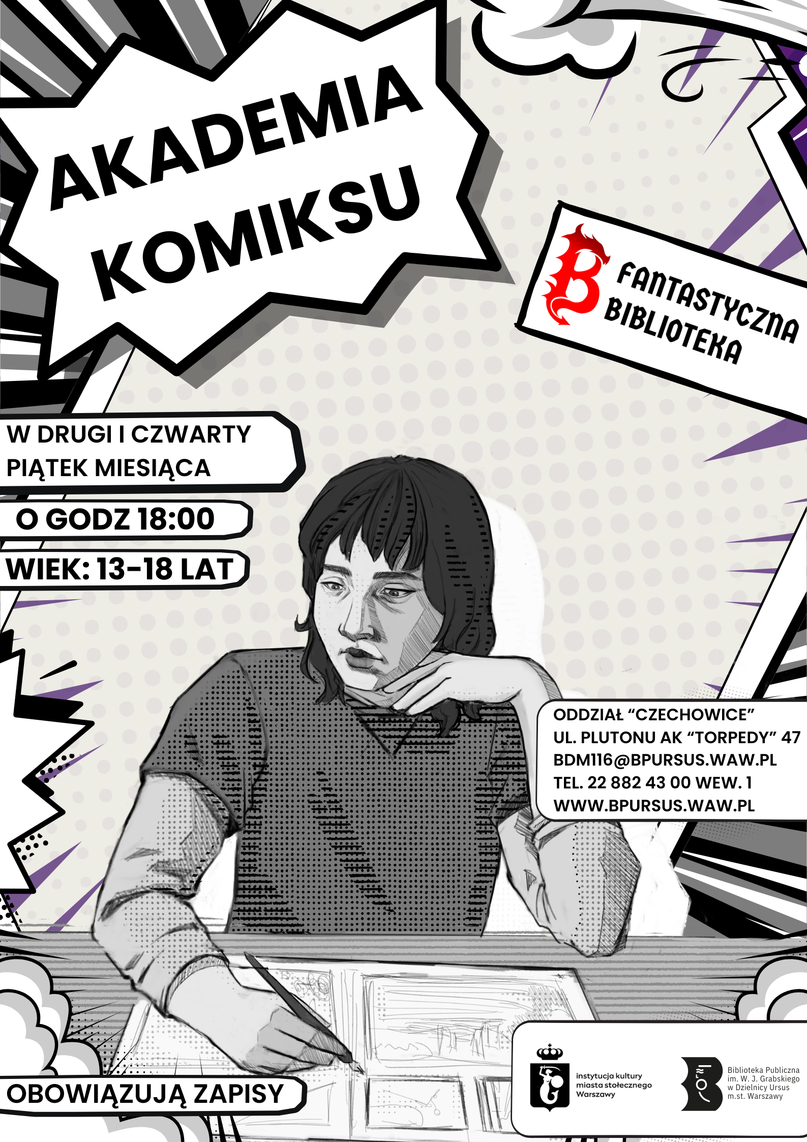 Grafika ilustruje dziewczynkę rysującą, związana z Akademią Komiksu.