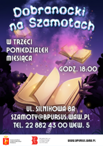 Plakat utrzymany w ciemnej tonacji barwnej. Pośrodku znajdują się otwarte książki, które sprawiają wrażenie latających. Powyżej - charakterystyczny napis, przypominający chmury.