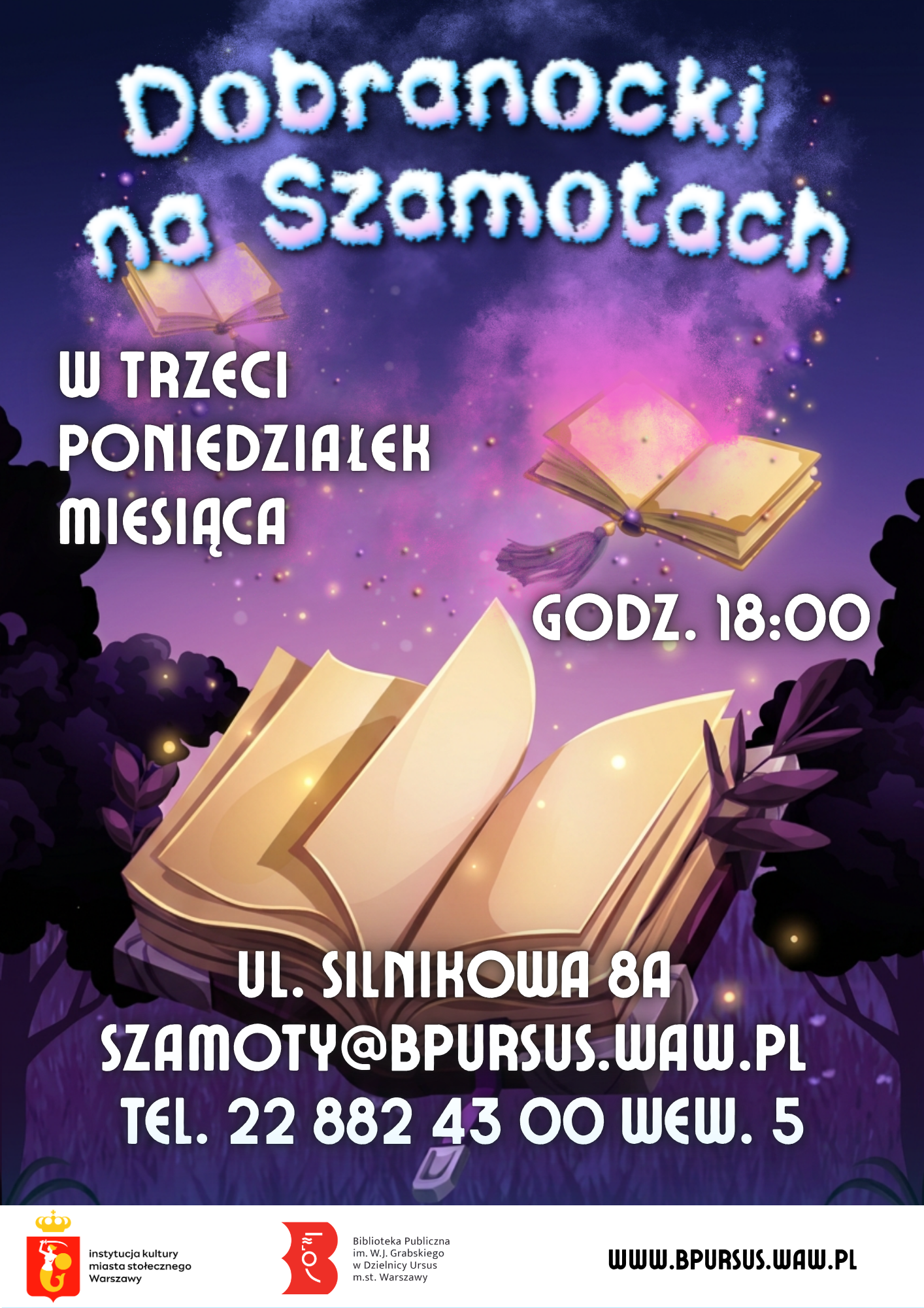 Plakat utrzymany w ciemnej tonacji barwnej. Pośrodku znajdują się otwarte książki, które sprawiają wrażenie latających. Powyżej - charakterystyczny napis, przypominający chmury.
