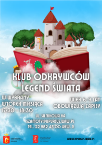 Plakat z zamkiem i otwartą książką.