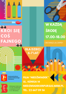 Plakat z geometrycznymi wzorami w wielu kolorach oraz rysunkami ołówków, flamastrów i nożyczek.