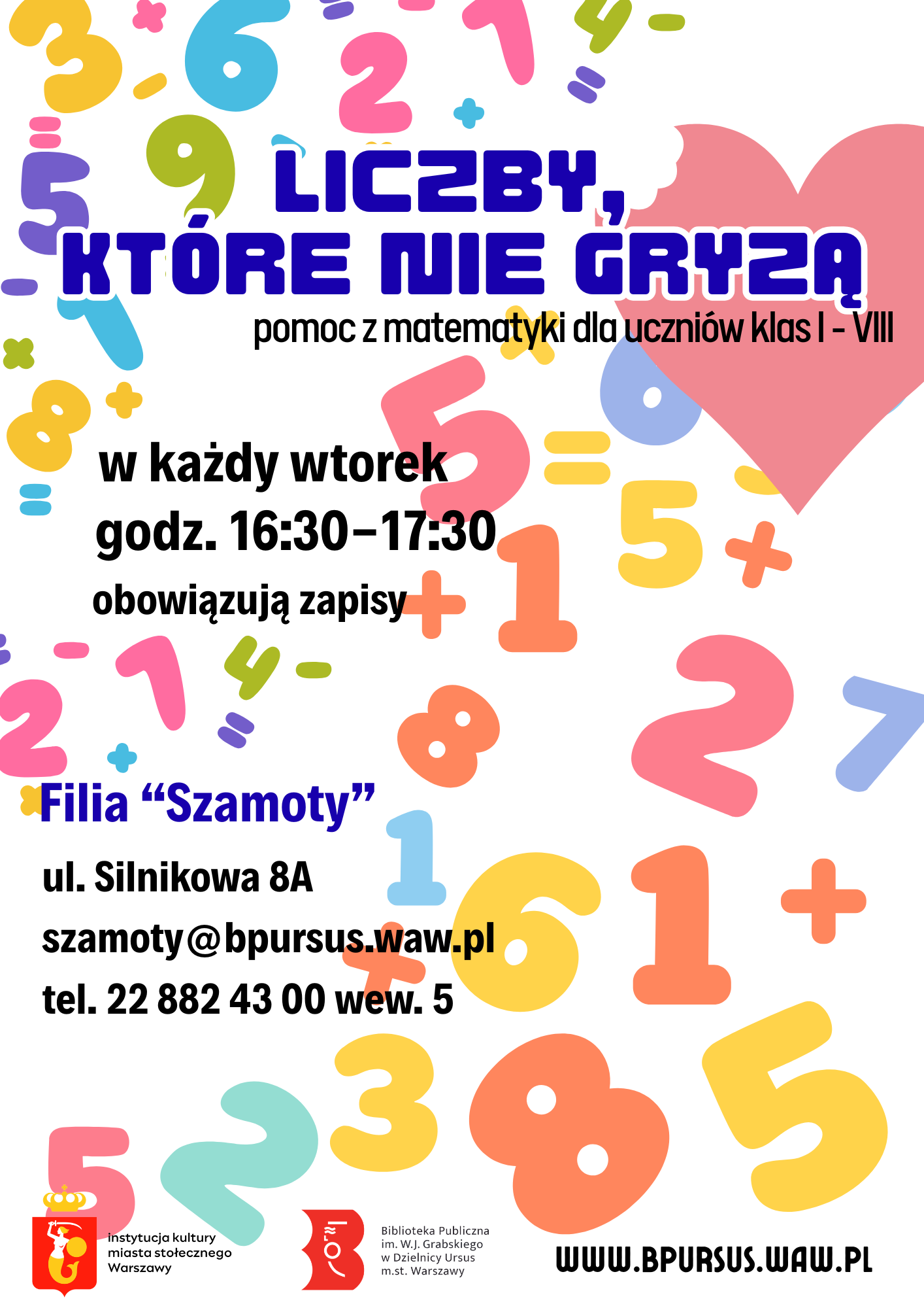 Plakat z kolorowymi cyferkami w tle.