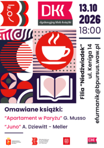 Plakat z kontrastowymi elementami graficznymi, w kolorach czarnym, granatowym, różowym i białym. Z prawej strony widnieją piktogramy filiżanki i otwartej książki.