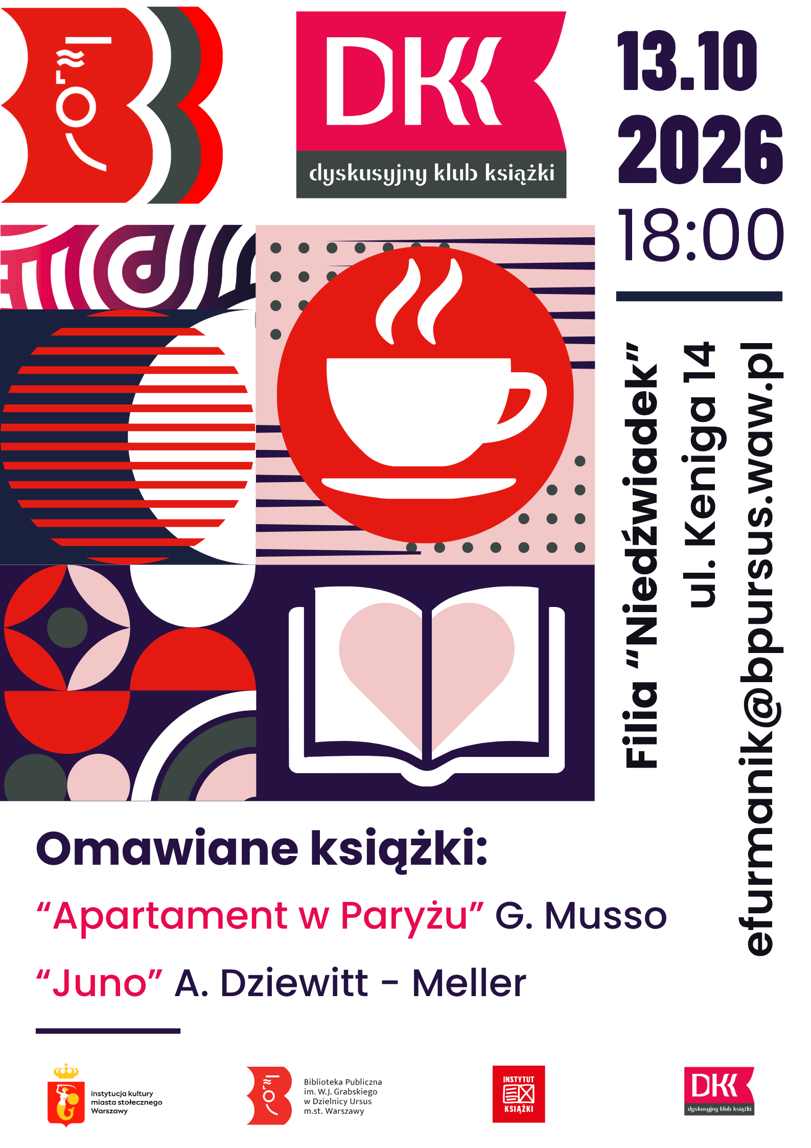 Plakat z kontrastowymi elementami graficznymi, w kolorach czarnym, granatowym, różowym i białym. Z prawej strony widnieją piktogramy filiżanki i otwartej książki.