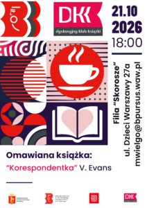 Plakat z kontrastowymi elementami graficznymi, w kolorach czarnym, granatowym, różowym i białym. Z prawej strony widnieją piktogramy filiżanki i otwartej książki.