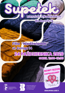 Plakat przedstawiający wyroby z dzianiny w niebiesko - fioletowej tonacji.