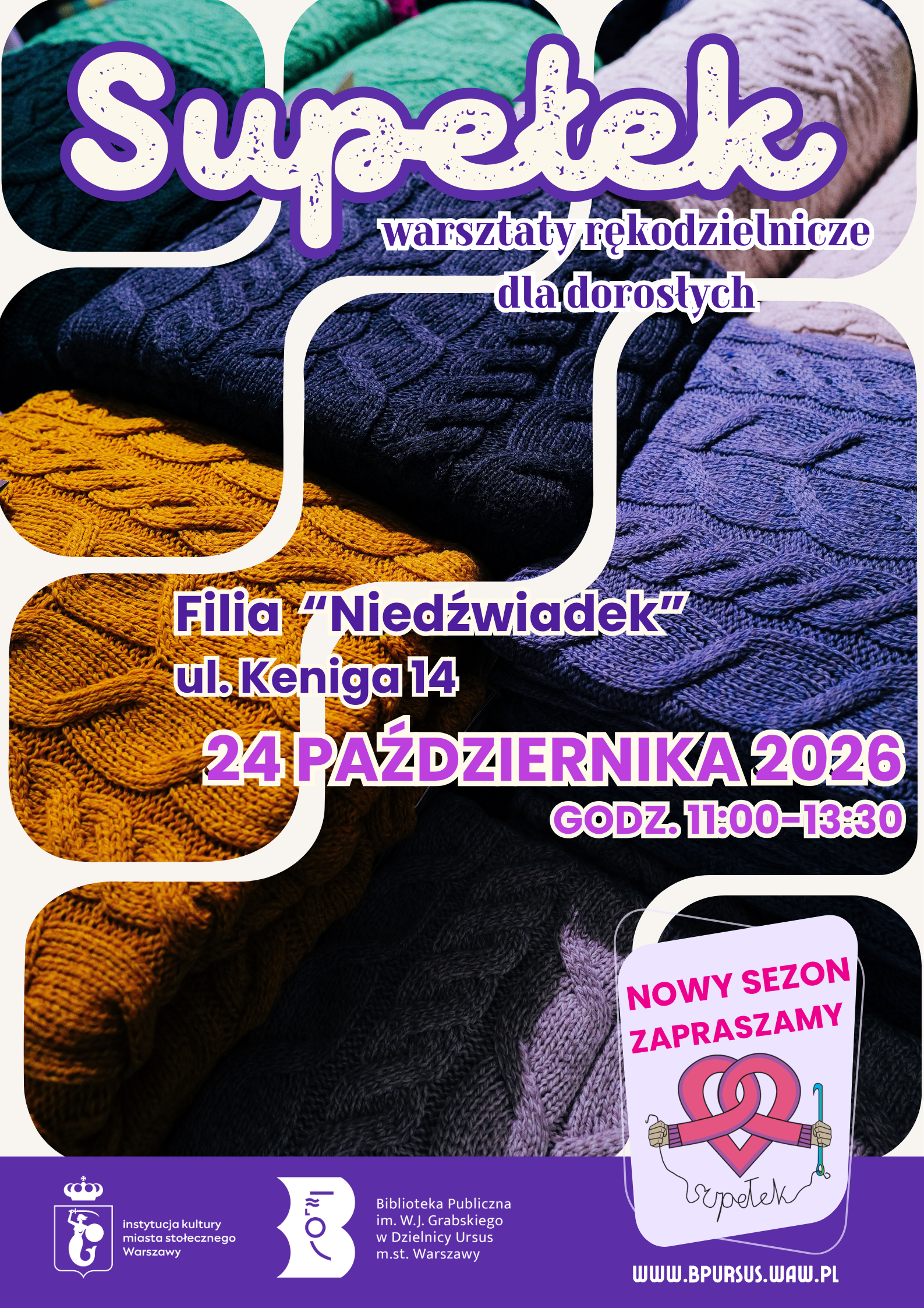 Plakat przedstawiający wyroby z dzianiny w niebiesko - fioletowej tonacji.